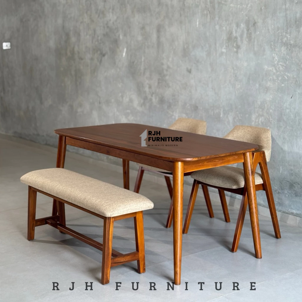 SET K2 KURSI A + BANGKU, DINING SET TOP KAYU JATI, MEJA MAKAN KAYU JATI, KURSI MAKAN MINIMALIS
