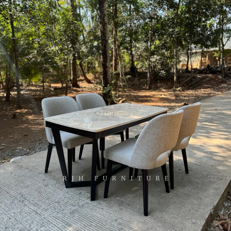SET MEJA MAKAN MARMER CREAM 160x80CM, DINING SET MARMER, DINING CHAIR CUSTOM KAYU JATI