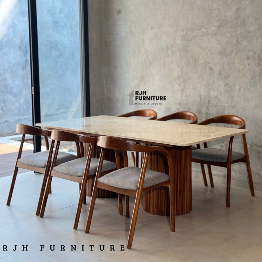 DINING SET MARMER CREAM DINING TABLE KAYU JATI, SET MEJA MAKAN MARMER MINIMALIS
